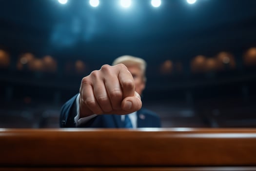 politician makes a decisive fist gesture during a speech photo