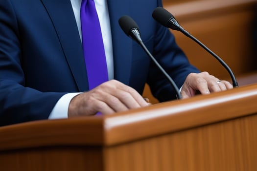 Businessman or politician making speech at a conference or press conference. photo