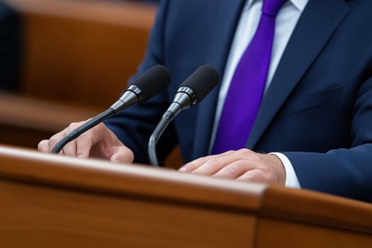 Close-up of a man making a speech at a conference. photo