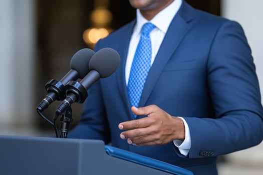 politician giving a speech from a podium, close-up of his hand photo