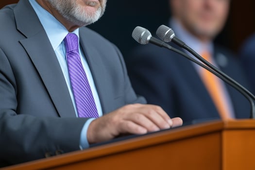 Close-up of senior businessman or politician giving speech in conference hall photo