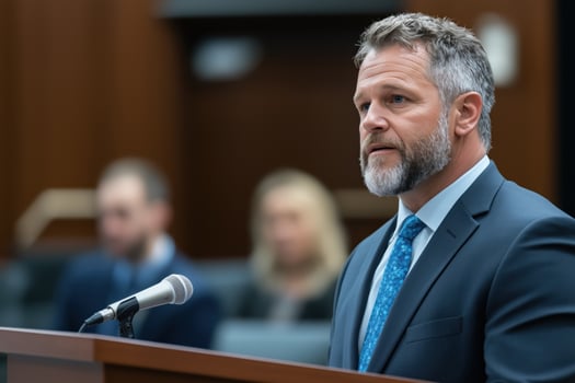 Portrait of a senior businessman or politician speaking from the podium photo