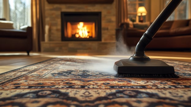 A cozy living room features a vacuum cleaner actively cleaning an ornate rug. Natural light streams in through large windows, illuminating a crackling fireplace that adds warmth to the space. photo