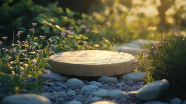 A wooden podium rests on a pebble pathway adorned with vibrant spring flowers. Soft sunlight filters through the foliage, creating a tranquil atmosphere ideal for outdoor gatherings or reflection. photo