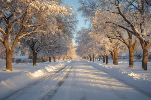 Snow covered street with trees at sunrise in winter photo