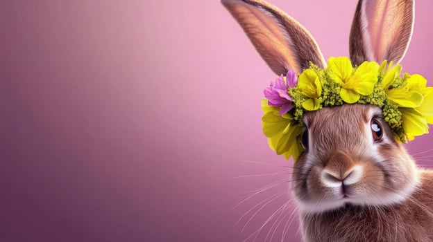 Cute rabbit with colorful flower crown against a soft background photo