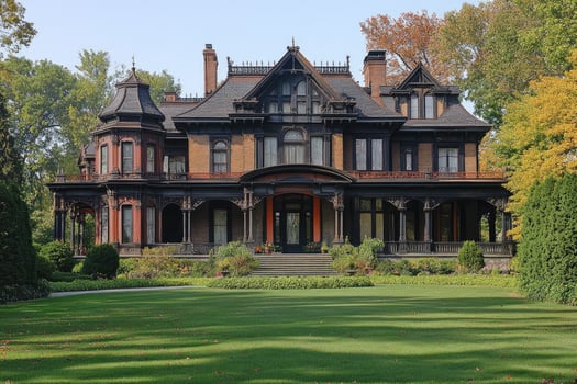 Victorian era mansion with intricate details and lush green lawn photo