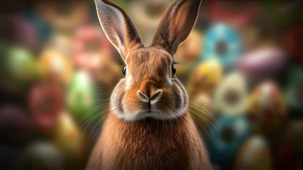 Easter bunny stands in front of colorful decorated eggs in spring setting photo