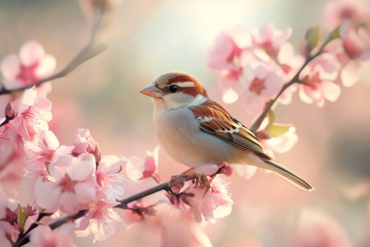 Beautiful sparrow perched on blooming cherry blossom branch in spring photo