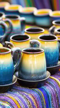 Colorful Mexican-style tableware displayed on a vibrant textile background photo