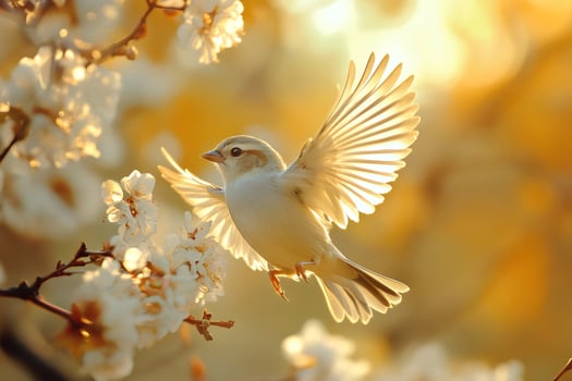 Beautiful little bird flying near blooming tree branch at sunset photo