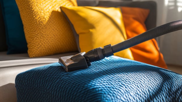 A vibrant living room features a vacuum in action, cleaning a colorful cushion. Cushions in shades of yellow, orange, and blue add a lively touch to the cozy setting during spring cleaning. photo