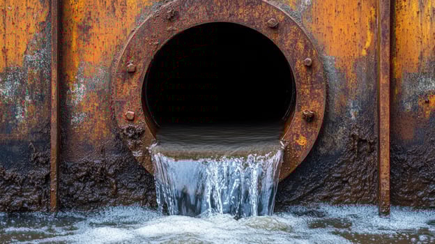 Rusty pipe discharges water into a stagnant puddle surrounded by debris in an urban area photo