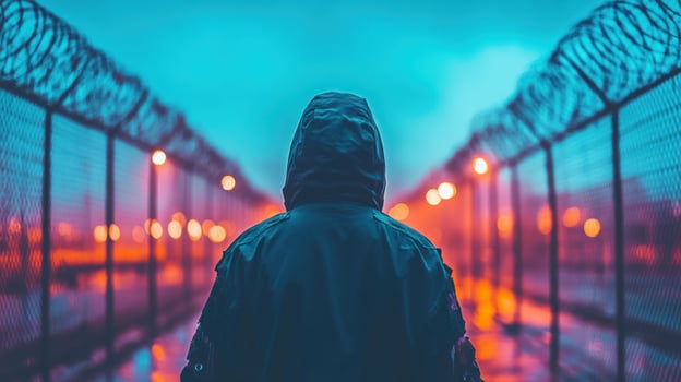 A person in a hooded jacket walks along a dimly lit, rain soaked path with glowing lights photo
