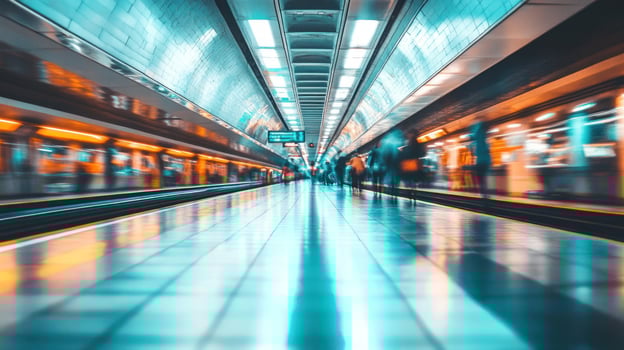 Busy subway station during peak hours with commuters moving quickly along the platform photo
