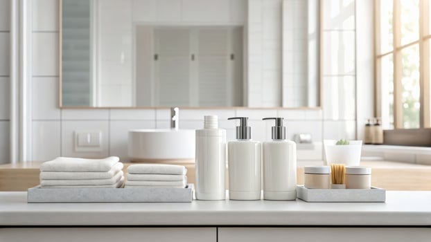 Minimalist bathroom hygiene essentials modern home interior design serene environment aesthetic viewpoint clean concept photo