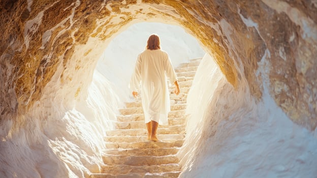 Happy Easter Jesus christ is ascending stone stairs from a dark cave into the bright light of heaven, symbolizing resurrection, hope, and faith photo