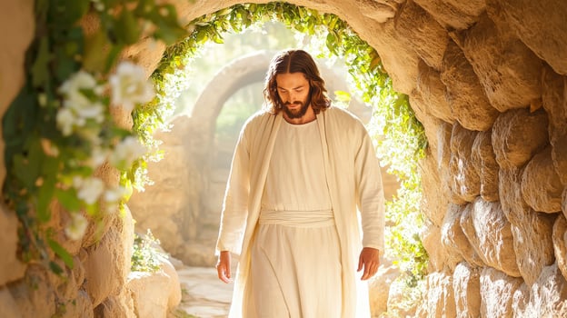 Happy Easter Jesus christ is ascending stone stairs from a dark cave into the bright light of heaven, bible symbolizing resurrection, hope, and faith photo