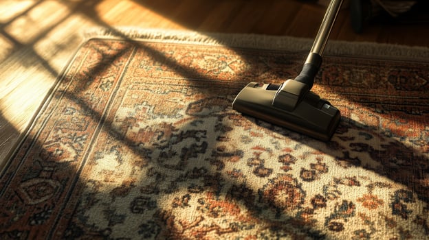 A vacuum cleaner glides over an ornate rug in a warmly lit room during spring cleaning. photo