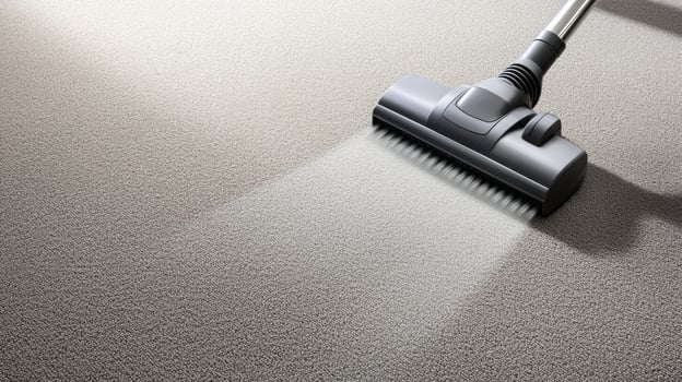 A vacuum cleaner glides across a light-colored carpet, efficiently removing dust and debris. Sunlight filters in, enhancing the clean and fresh atmosphere, ideal for spring cleaning activities. photo