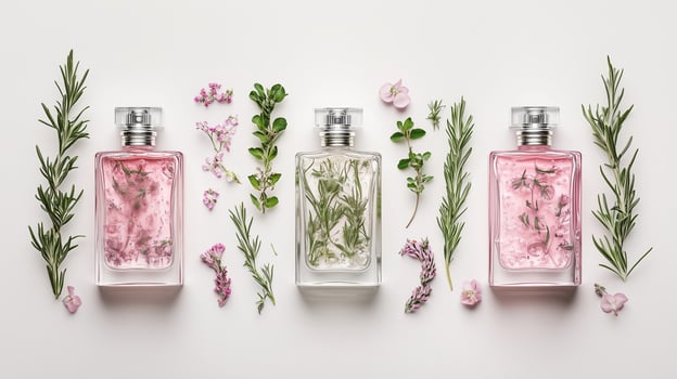 Elegant perfume bottles surrounded by greenery and pink flowers photo