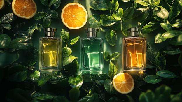 Glass bottles perfume vibrant citrus scents perfume in lush greenery setting with orange and lemon halves photo