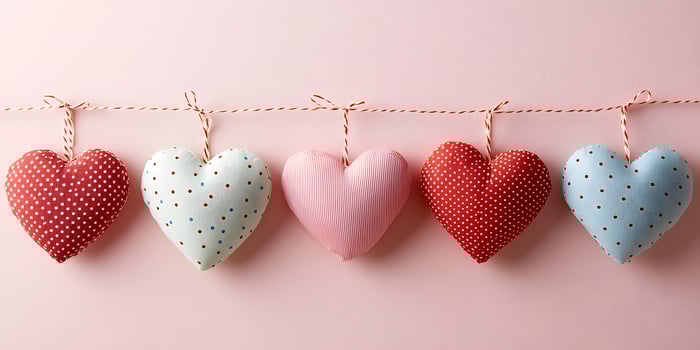 Colorful fabric hearts make festive Valentine's decor. . photo