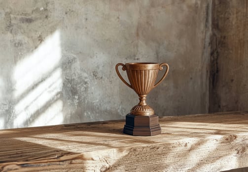 Bronze trophy on rustic wooden table photo