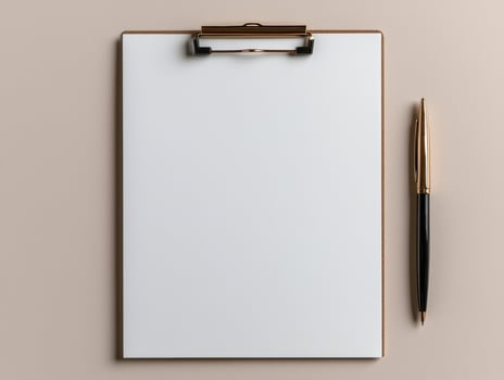 Blank clipboard with gold pen on beige background photo
