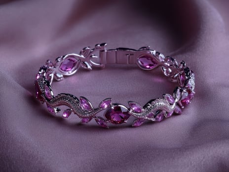 Elegant pink gemstone bracelet on purple silk photo