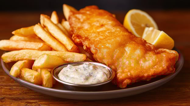 Crispy fish and chips with tartar sauce and lemon on the side. photo