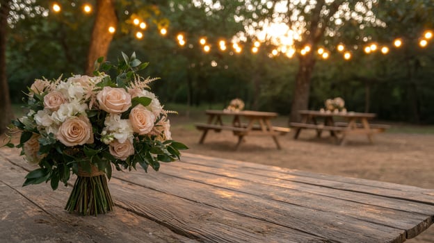 Rustic wedding bouquet on wooden table at sunset photo