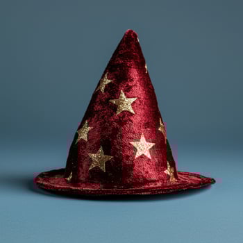 Red velvet wizard hat with gold stars photo