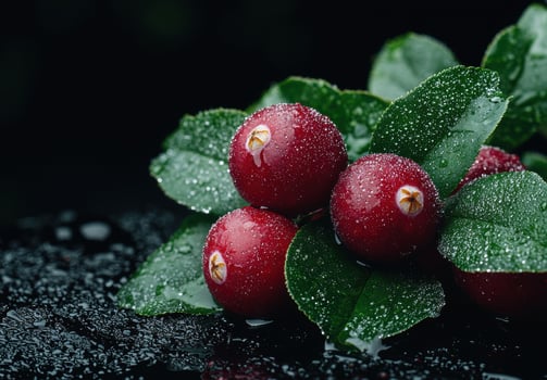 Closeup of fresh cranberries with water droplets on leaves photo