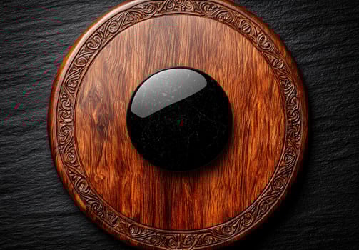 Black stone on a wooden coaster photo