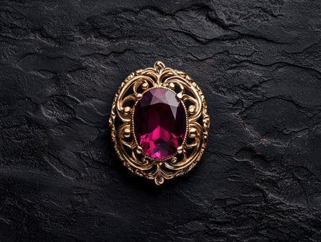 Ornate gold brooch with a deep pink gemstone photo