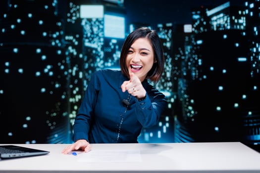 TV reporter presenting breaking news topics, reporting on live broadcast tv channel for late night show. Asian media presenter creating reportage with daily events for exclusive content. photo