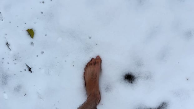 Top view of male bare feet stepping on white snow. Legs of man going on snowy trail. Young guy hardening at cold winter. Concept of healthy lifestyle. POV Slow motion photo