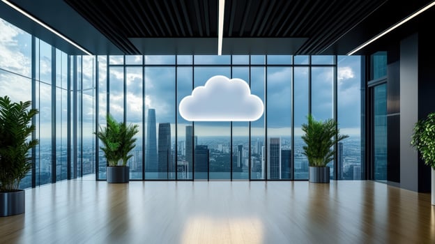 A cloud computing company logo is displayed in front of a large window photo