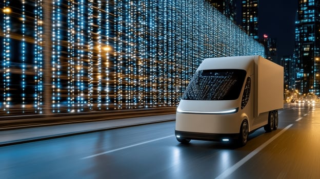 A white delivery truck driving down a city street at night photo