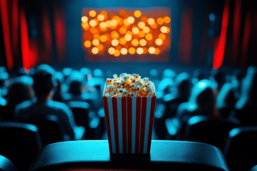 Close up on a red and white striped popcorn cup with lots of popcorn in a movie theater photo
