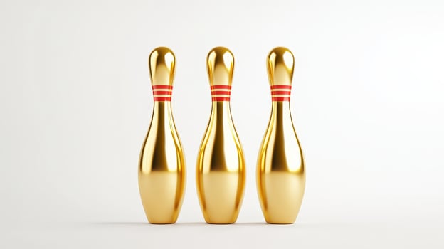 Three shiny golden bowling pins arranged neatly, symbolizing fun and leisure in bowling sports. photo