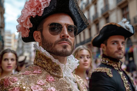 Elegant men in festive hats and ornate clothing at a traditional event photo