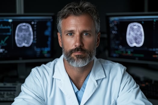 Portrait of a serious doctor reviewing brain scans on a computer photo