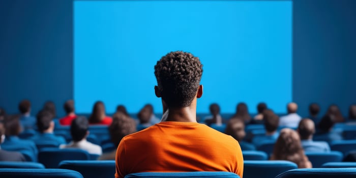 A diverse audience watches a presentation in a theater, focused on the blue screen ahead, highlighting engagement and curiosity. photo