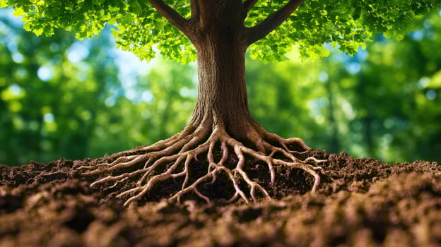 A close-up view of a tree trunk and intricate root system emerging from rich, dark soil in a lush green environment. photo