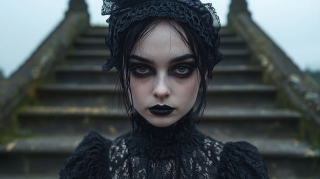 A Gothic Victorian Woman in Black Lace Dress. photo