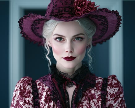 Portrait of a woman in a burgundy hat and dress photo