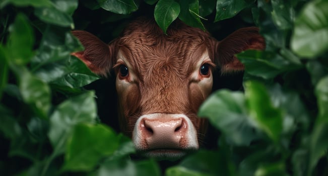 Curious cow peeking through lush green leaves photo