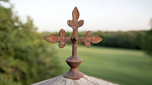 Rusty cross on a wooden surface with a blurred background of green field and trees photo